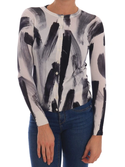 Dolce & Gabbana Cardigan Lightweight Silk Paint Stroke Sweater In Black/white