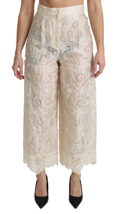 Dolce & Gabbana Cream Lace High Waist Palazzo Cropped Trousers