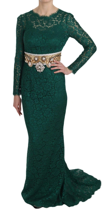 Dolce & Gabbana Crystal Gold Belt Lace Sheath Gown Dress In Green
