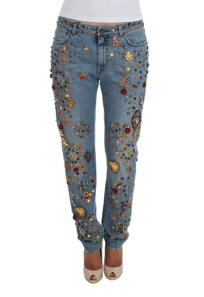 Dolce & Gabbana Crystal Roses Heart Embellished Jeans In Blue