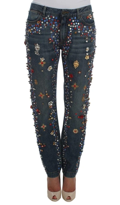 Dolce & Gabbana Crystal Roses Heart Embellished Jeans In Blue