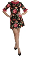 Dolce & Gabbana Floral Pink Lace A-line Shift Mini Dress In Black