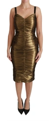 DOLCE & GABBANA GOLD METALLIC STRETCH BODYCON RUCHED DRESS