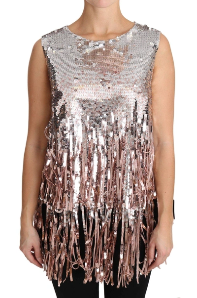Dolce & Gabbana Golden Pink Sequined Fringe Tank Top In Gold And Pink
