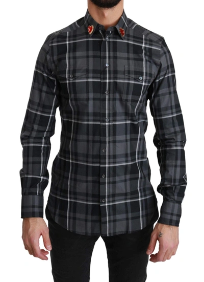 Dolce & Gabbana Gray Checkered Heart Collar Martini Shirt