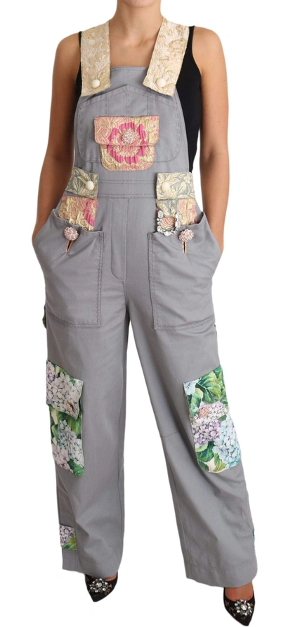 Dolce & Gabbana Grey Dungaree Jeans Grey Denim Crystal Hortensia