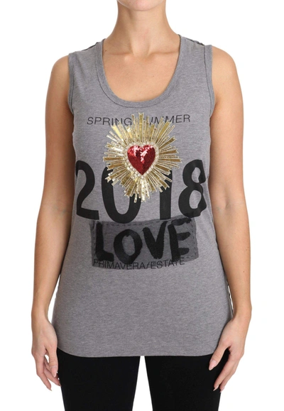 Dolce & Gabbana Grey Tank Top Crystal Sequined Heart  T-shirt