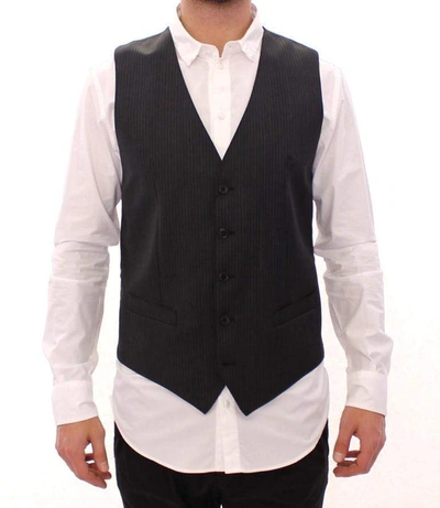 Dolce & Gabbana Gray Striped Wool Single Breasted Vest In Black