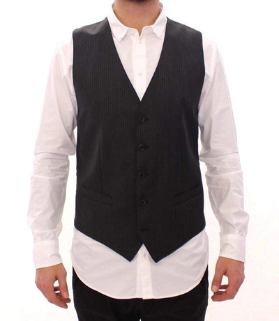 DOLCE & GABBANA GRAY STRIPED WOOL SINGLE BREASTED VEST