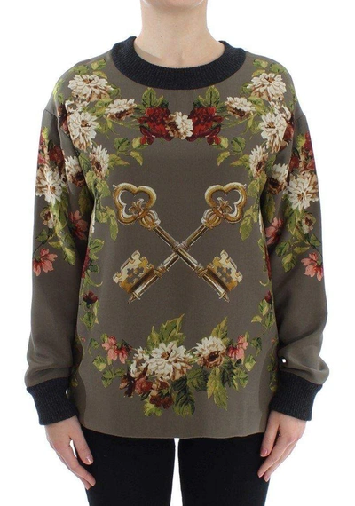 Dolce & Gabbana Green Key Floral Print Silk Sweater