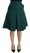 DOLCE & GABBANA GREEN PLEATED A-LINE HIGH WAIST COTTON  SKIRT