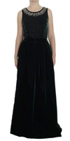Dolce & Gabbana Green Velvet Crystal Long Maxi Dress In Blue