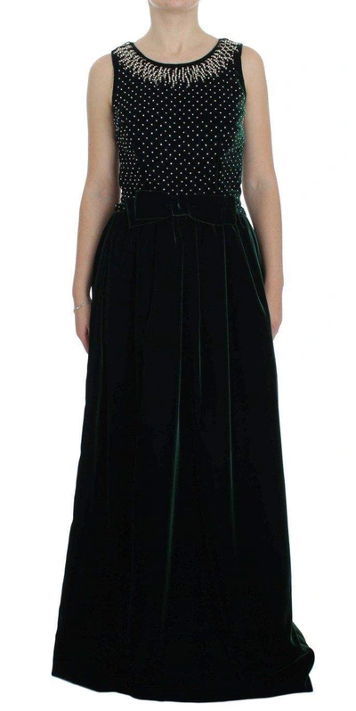 DOLCE & GABBANA GREEN VELVET CRYSTAL LONG MAXI DRESS