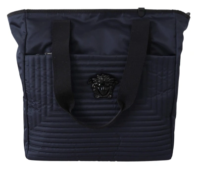 Versace Logo-plaque Zipped Tote Bag In Blue