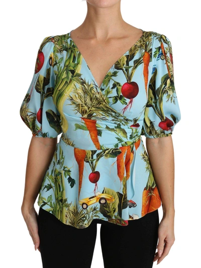 DOLCE & GABBANA MULTICOLOR VEGETABLE PRINT SILK TOP PEPLUM WRAP BLOUSE