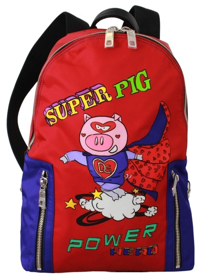 Dolce & Gabbana Nylon Multicolor Super Pig Print Men School Bag In Red