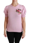 DOLCE & GABBANA PINK FLORAL EMBROIDERED BLOUSE WOOL TOP