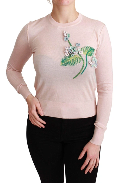 Dolce & Gabbana Floral-appliquéd Intarsia Cashmere And Silk-blend Sweater In Pink