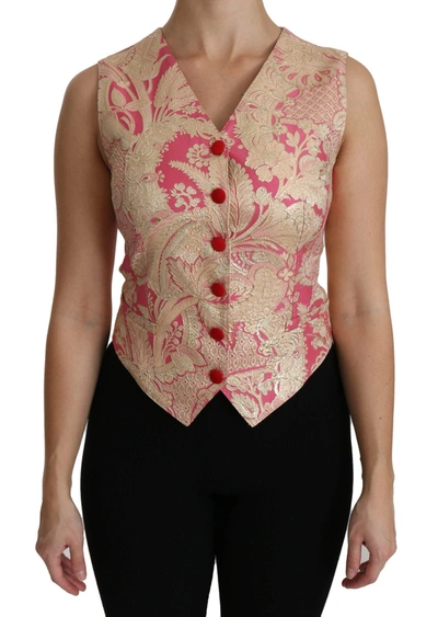 Dolce & Gabbana Pink Gold Brocade Waistcoat Vest Blouse Top In Gold And Pink