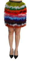 DOLCE & GABBANA RED BLUE HIGH WAIST MINI FEATHER SKIRT