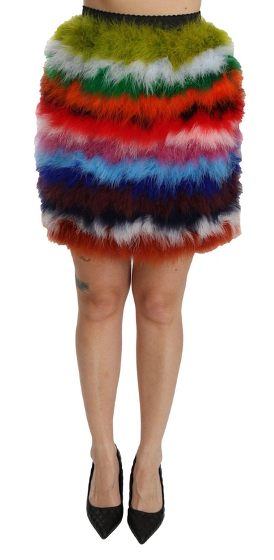 Dolce & Gabbana Red Blue High Waist Mini Feather Skirt In Multicolor