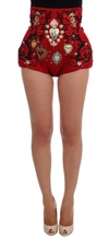 DOLCE & GABBANA RED SILK CRYSTAL ROSES SHORTS