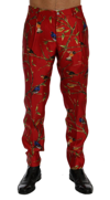 Dolce & Gabbana Red Silk Bird Print Dress Pants