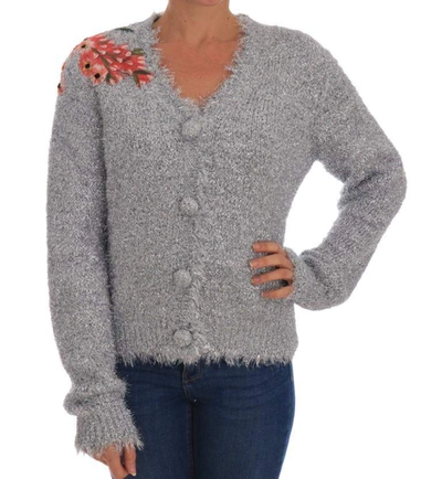 Dolce & Gabbana Silver Cardigan Floral Applique Sweater