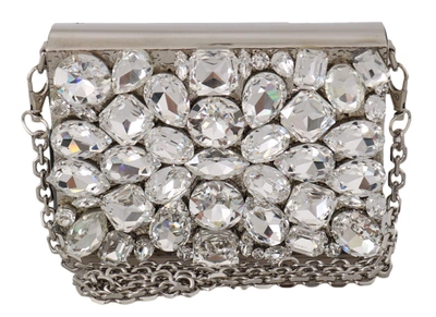 Dolce & Gabbana Silver Metal Crystal Clutch Purse Cross Body Box Bag