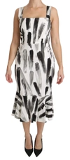 Dolce & Gabbana White Black Printed Sheath Midi Viscose Dress In White