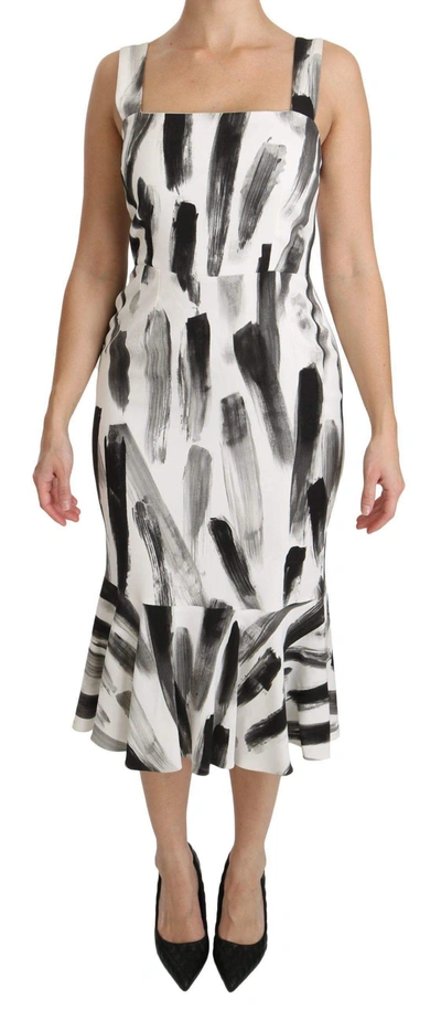 Dolce & Gabbana White Black Printed Sheath Midi Viscose Dress