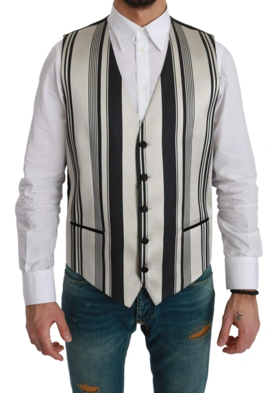 Dolce & Gabbana White Black Stripes Waistcoat Formal Waistcoat