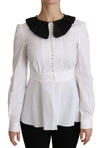 Dolce & Gabbana White Collared Long Sleeve Blouse Cotton Top In White