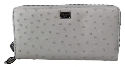 Dolce & Gabbana White Ostrich Leather Continental Mens Clutch Wallet In Gray