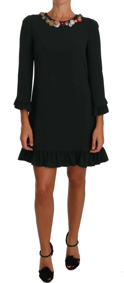 DOLCE & GABBANA WOMEN GREEN STRETCH A-LINE SHORT  CRYSTAL DRESS