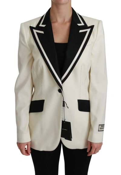 Dolce & Gabbana White Black Silk Slim Fit Blazer Jacket In Cream