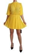 DOLCE & GABBANA YELLOW PLEATED A-LINE MINI 100% SILK DRESS