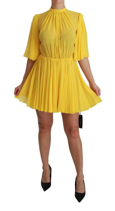 DOLCE & GABBANA YELLOW PLEATED A-LINE MINI 100% SILK DRESS
