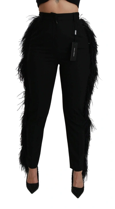 Dolce & Gabbana Black Feather Straight High Waist Wool Trousers