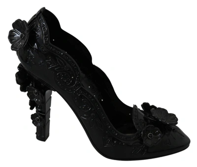 Dolce & Gabbana Black Floral Crystal Cinderella Heels Shoes