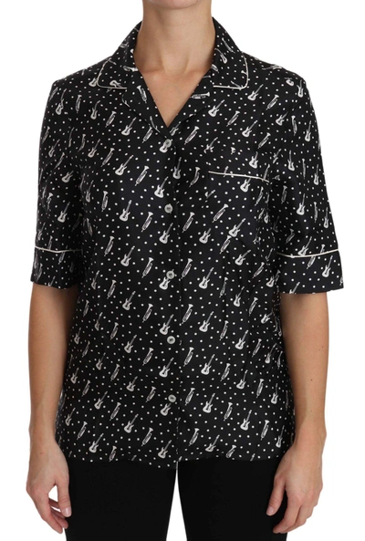 Dolce & Gabbana Black Guitar & Trumpet Print Silk Shirt Top