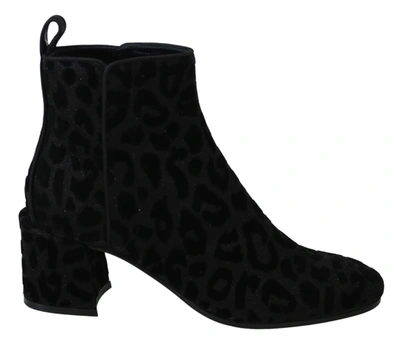 DOLCE & GABBANA BLACK LEOPARD SHORT BOOTS ZIPPER SHOES