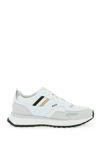 Hugo Boss Mixed-material Trainers With Signature Stripe In White