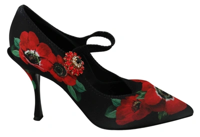 DOLCE & GABBANA BLACK RED FLORAL MARY JANES PUMPS SHOES