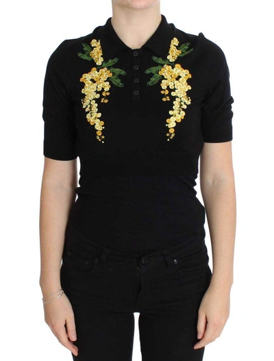 Dolce & Gabbana Black Silk Floral Embroidered Polo Top