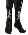 DOLCE & GABBANA BLACK STRETCH FLORAL CLEAR CRYSTAL SOCKS