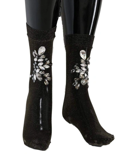 Dolce & Gabbana Black Stretch Floral Clear Crystal Socks