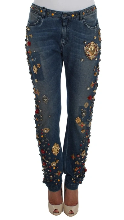 Dolce & Gabbana Crystal Roses Heart Embellished Jeans In Blue