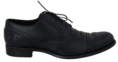 Dolce & Gabbana Dark Blue Leather Wingtip Oxford Dress Shoes In Black