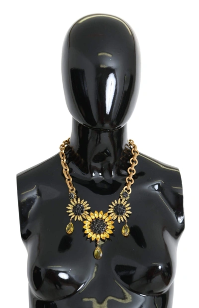 Dolce & Gabbana Gold Brass Chain Crystal Sunlower Pendants Necklace